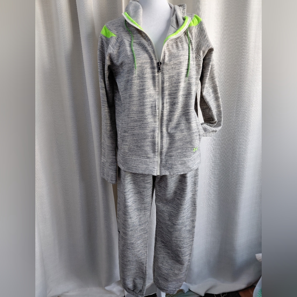 Women's Heather Gray Active Zip Hoodie & Jogger Set with Neon Green Trim